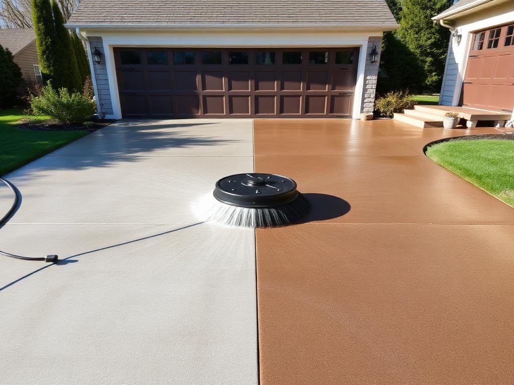 Concrete driveway half cleaned by a rotary surface cleaner in Hillsborough NJ