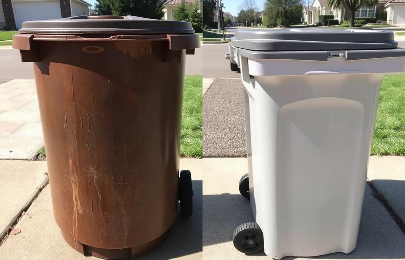 Filthy curbside trash bin beside a spotless bin cleaned by BlueWave in Hillsborough NJ